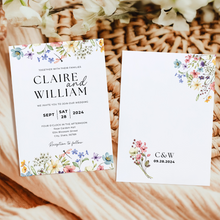 Load image into Gallery viewer, Printable Wildflower Wedding Invitation Card, Details Card Template, RSVP Card with QR code, Canva Wedding Invitations Template - WFW02