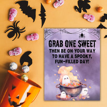 Load image into Gallery viewer, Halloween Candy Bowl Sign - Purple Ghost in Cauldron
