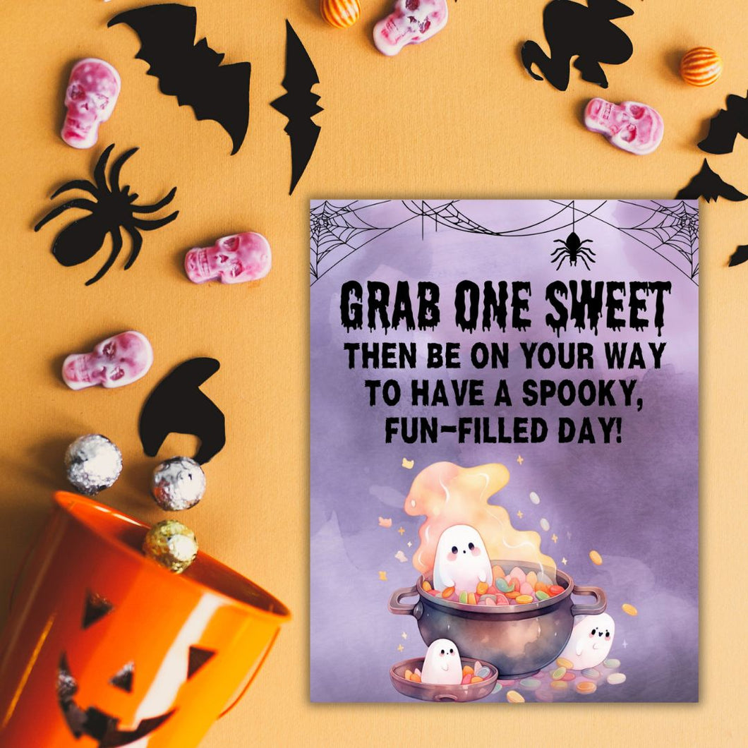 Halloween Candy Bowl Sign - Purple Ghost in Cauldron