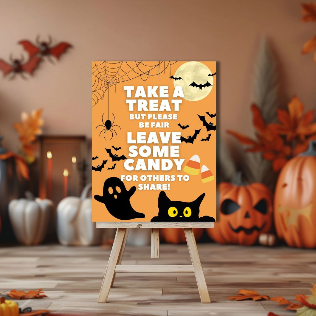 Halloween Candy Bowl Sign - Orange Ghosts and Bats