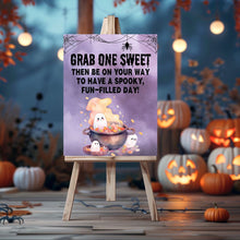 Load image into Gallery viewer, Halloween Candy Bowl Sign - Purple Ghost in Cauldron
