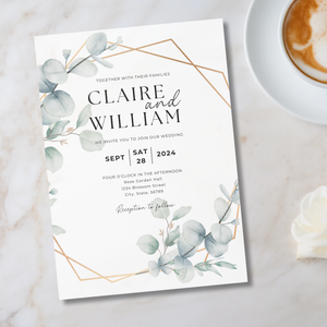 Printable Greenery Eucalyptus Wedding Invitation Card, Details Card Template, RSVP Card with QR code, Canva Wedding Invitations Template - GEW03