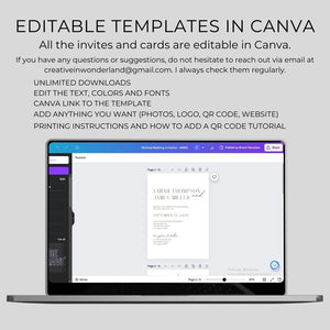 Printable Minimal Wedding Invitation Card, Details Card Template, RSVP Card with QR code, Canva Wedding Invitations Template - MW01
