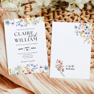 Printable Wildflower Wedding Invitation Card, Details Card Template, RSVP Card with QR code, Canva Wedding Invitations Template - WFW02