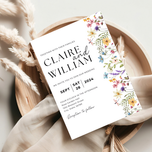 Printable Wildflower Wedding Invitation Card, Details Card Template, RSVP Card with QR code, Canva Wedding Invitations Template - WFW02