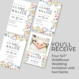 Printable Wildflower Wedding Invitation Card, Details Card Template, RSVP Card with QR code, Canva Wedding Invitations Template - WFW02